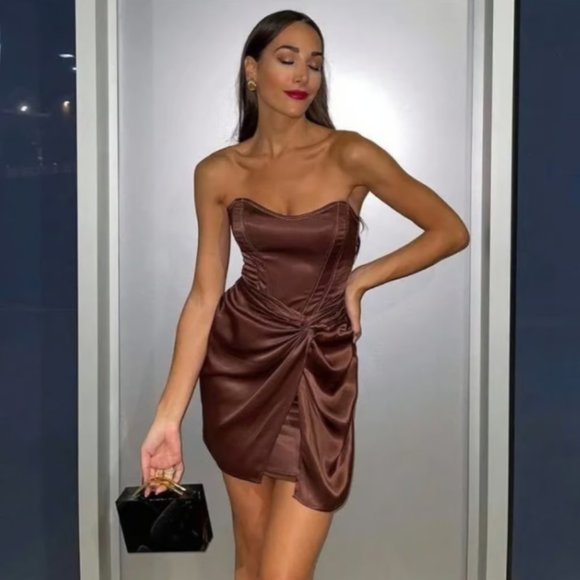 NWT Zara Brown Satin Strapless Corset Mini Dress - Picture 5 of 12